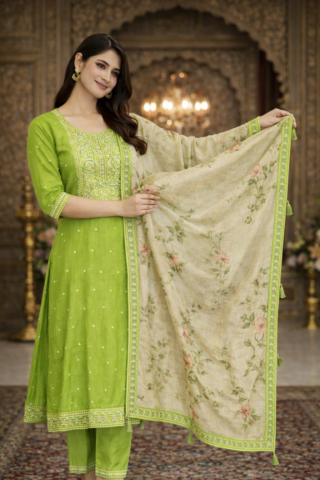 Parrot Green Vatican Fabric Umbrella Salwar Suit with Printed Dupatta
