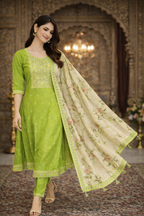 Parrot Green Vatican Fabric Umbrella Salwar Suit with Printed Dupatta