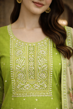 Parrot Green Vatican Fabric Umbrella Salwar Suit with Printed Dupatta