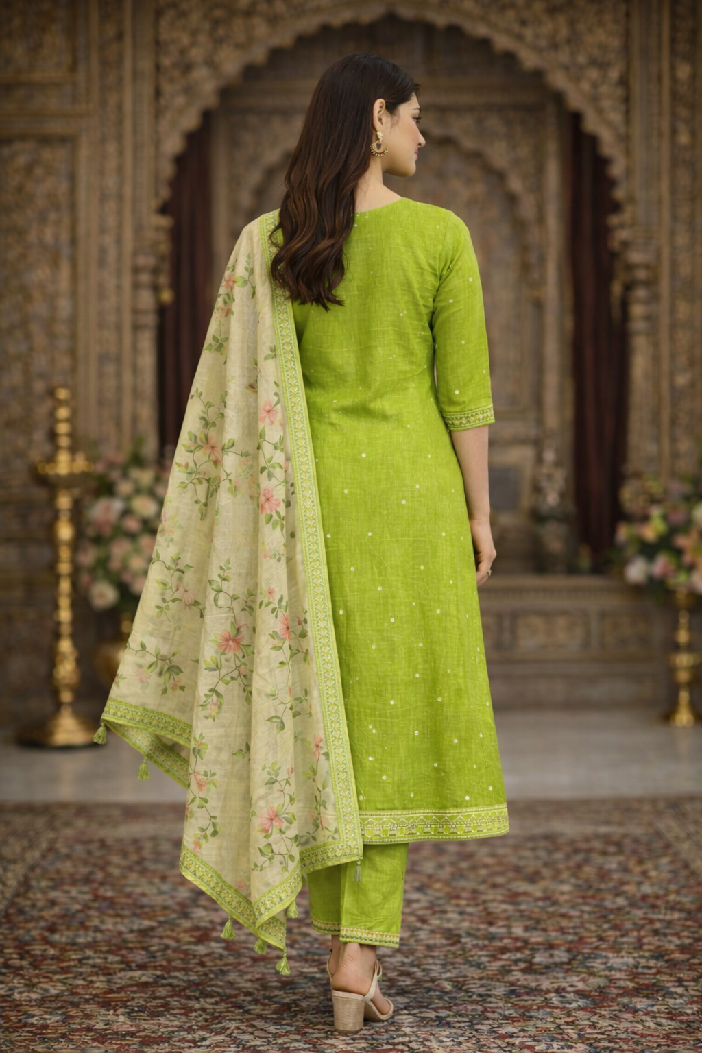 Parrot Green Vatican Fabric Umbrella Salwar Suit with Printed Dupatta