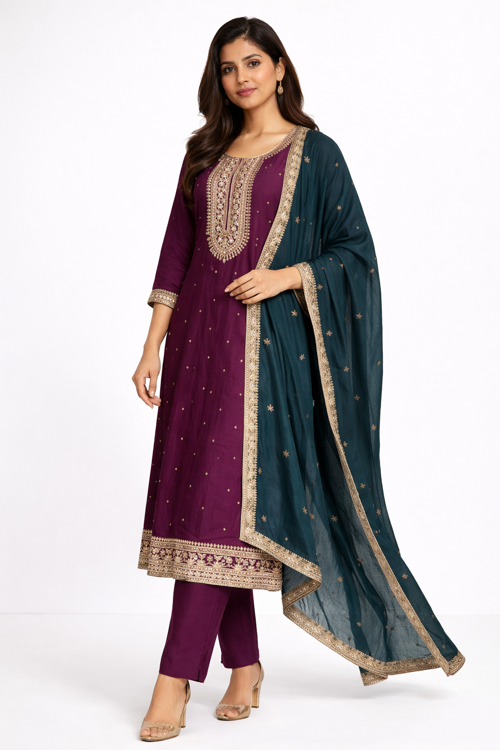 Purple Embroidered Umbrella Salwar Suit with Dupatta
