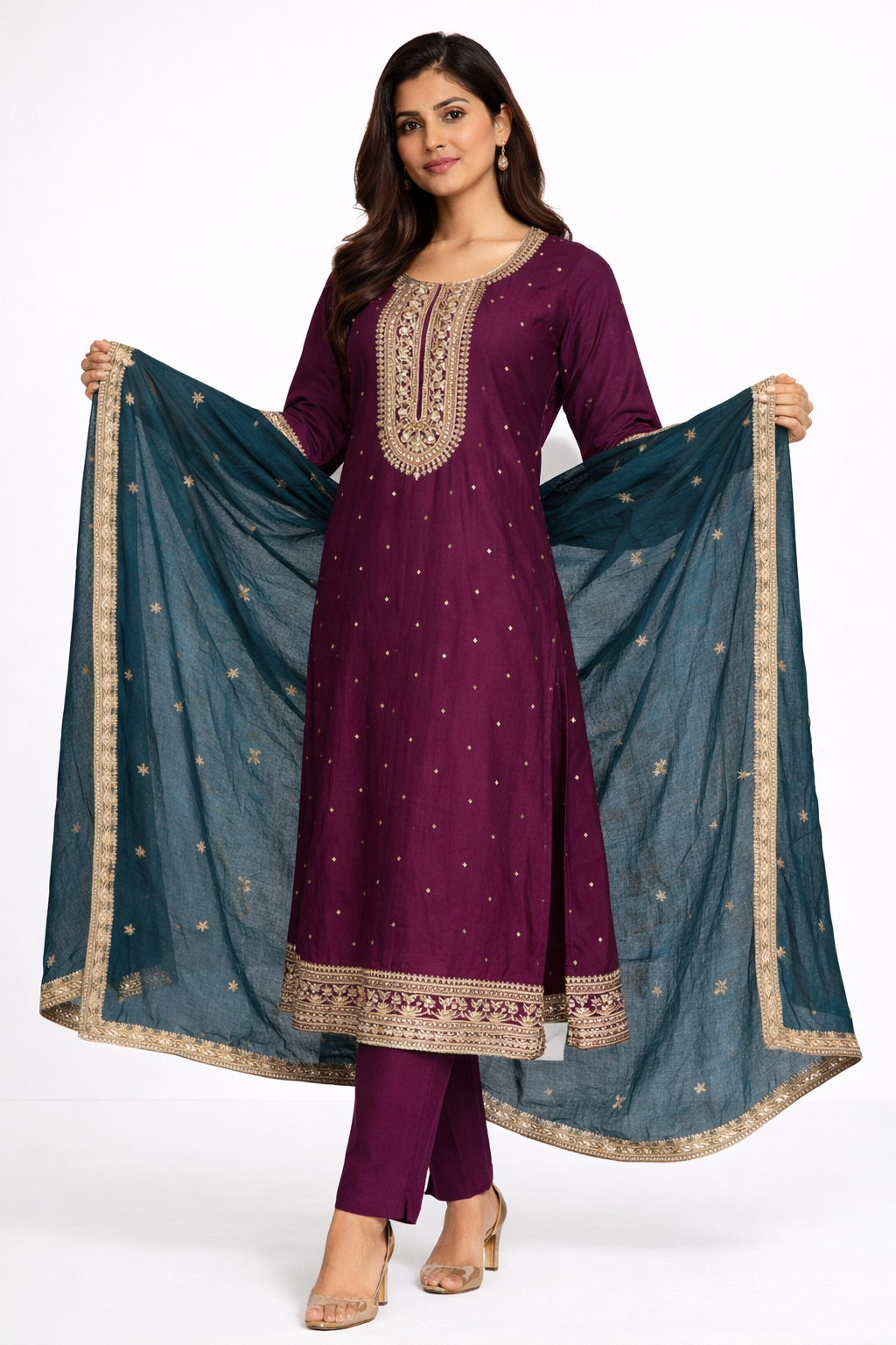 Purple Embroidered Umbrella Salwar Suit with Dupatta