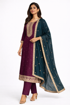 Purple Embroidered Umbrella Salwar Suit with Dupatta