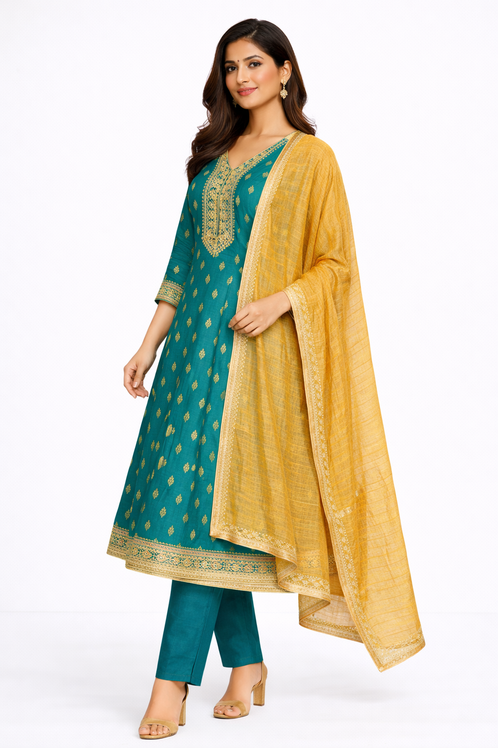 Teal Green Embroidered Salwar Suit with Mustard Dupatta – Festive Wear Set