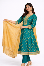 Teal Green Embroidered Salwar Suit with Mustard Dupatta – Festive Wear Set