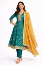 Teal Green Embroidered Salwar Suit with Mustard Dupatta – Festive Wear Set