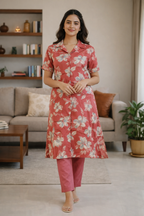 Coral Floral Printed Co-Ord Set – Collar Neck Straight Pant Casual Wear Set