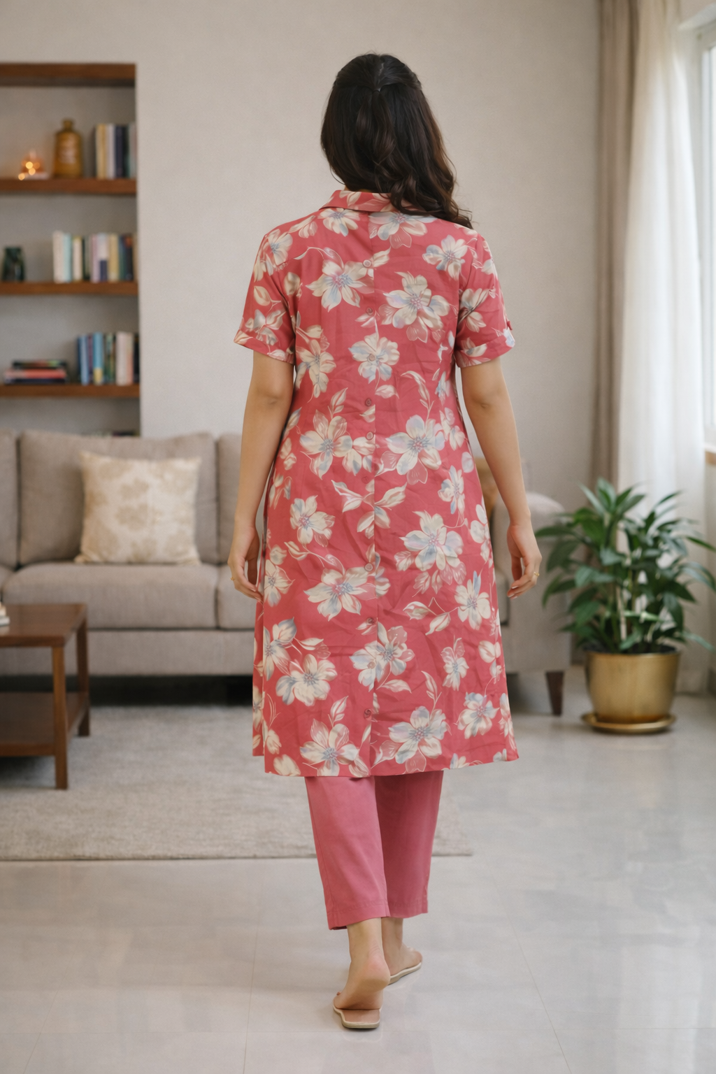 Coral Floral Printed Co-Ord Set – Collar Neck Straight Pant Casual Wear Set