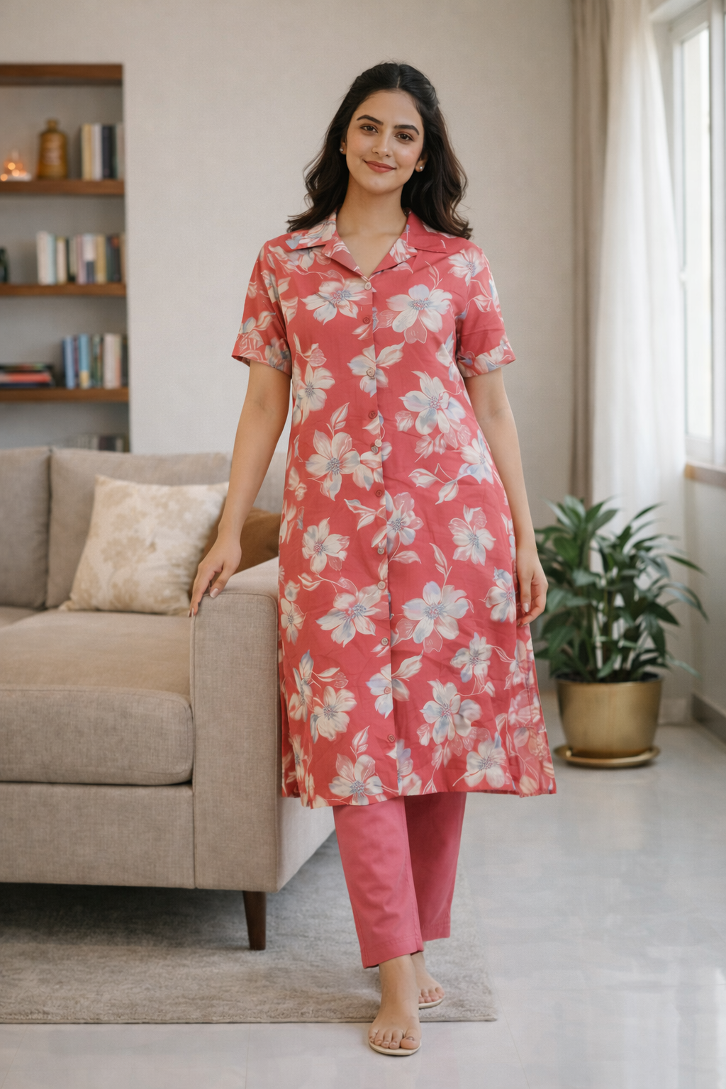 Coral Floral Printed Co-Ord Set – Collar Neck Straight Pant Casual Wear Set