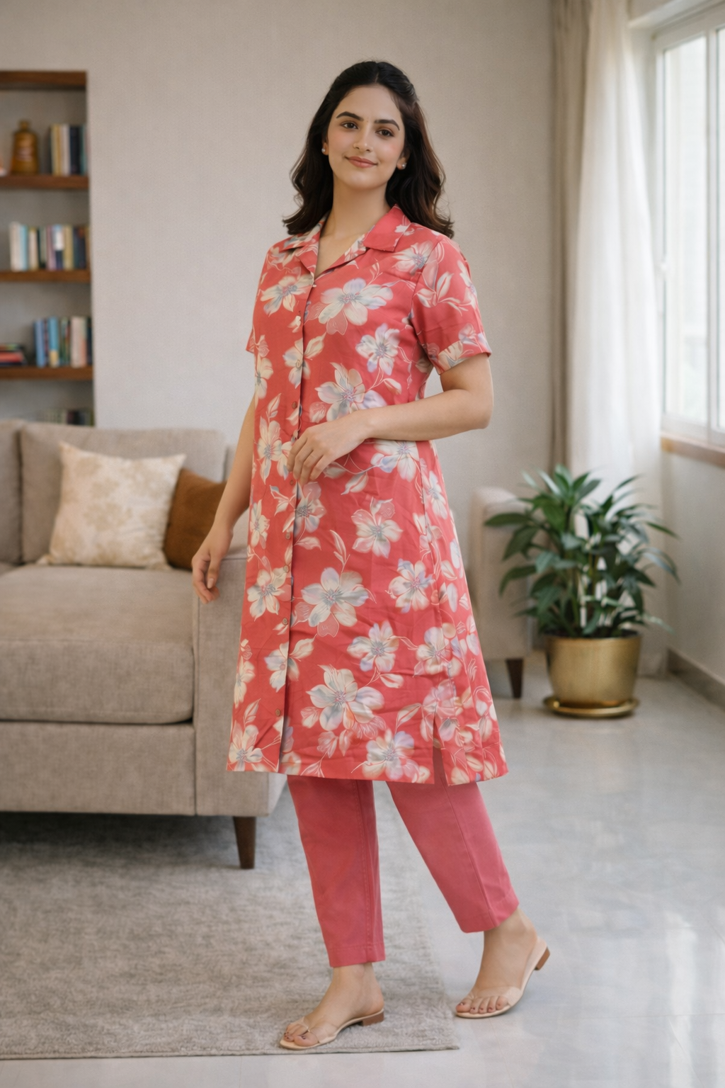 Coral Floral Printed Co-Ord Set – Collar Neck Straight Pant Casual Wear Set