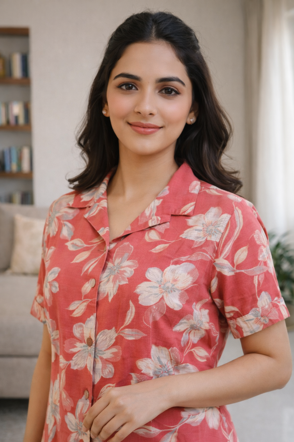 Coral Floral Printed Co-Ord Set – Collar Neck Straight Pant Casual Wear Set