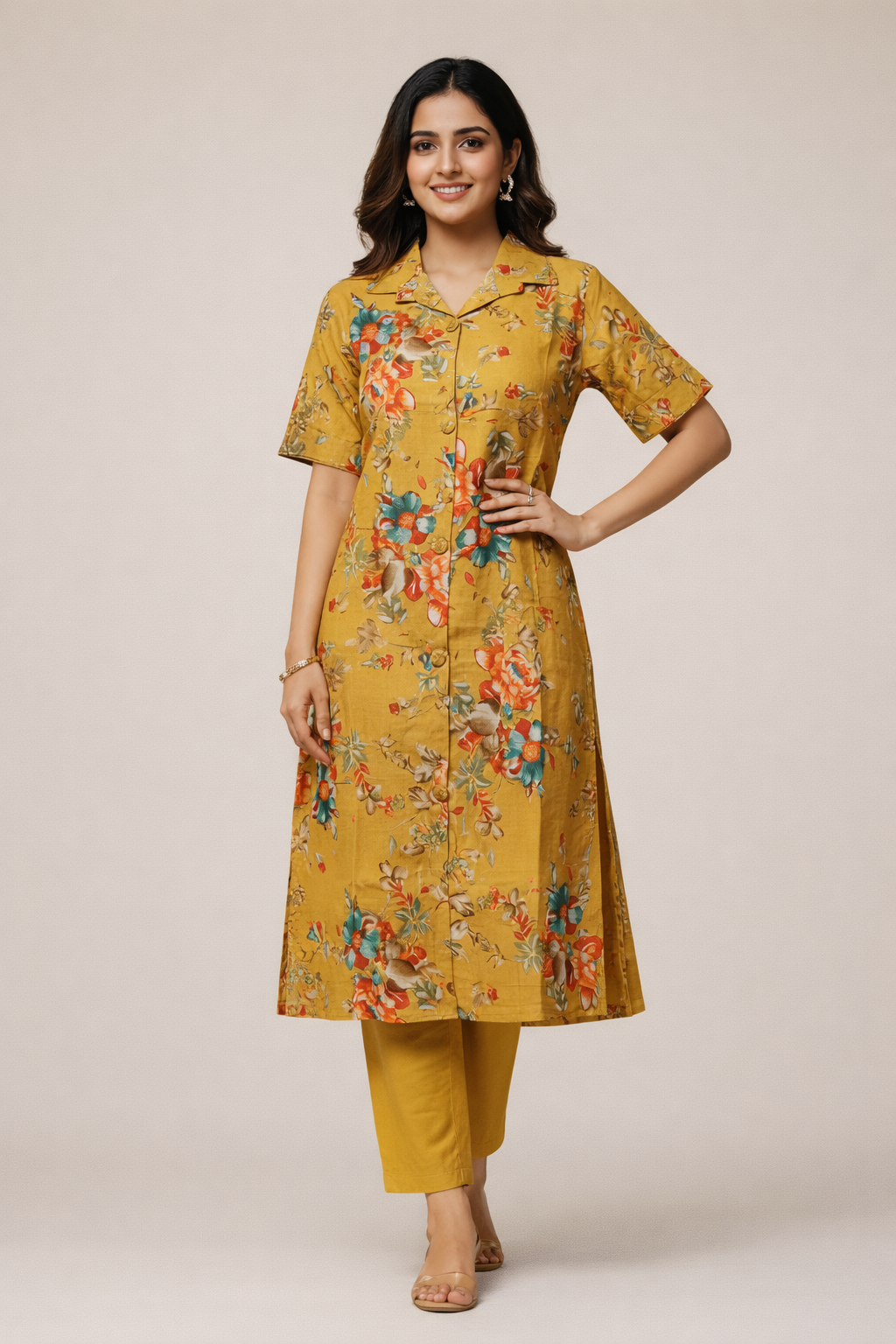 Mustard Floral Printed Co-Ord Set – Collar Neck Straight Pant Casual Wear Set