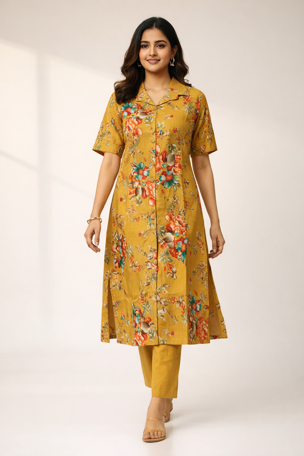 Mustard Floral Printed Co-Ord Set – Collar Neck Straight Pant Casual Wear Set