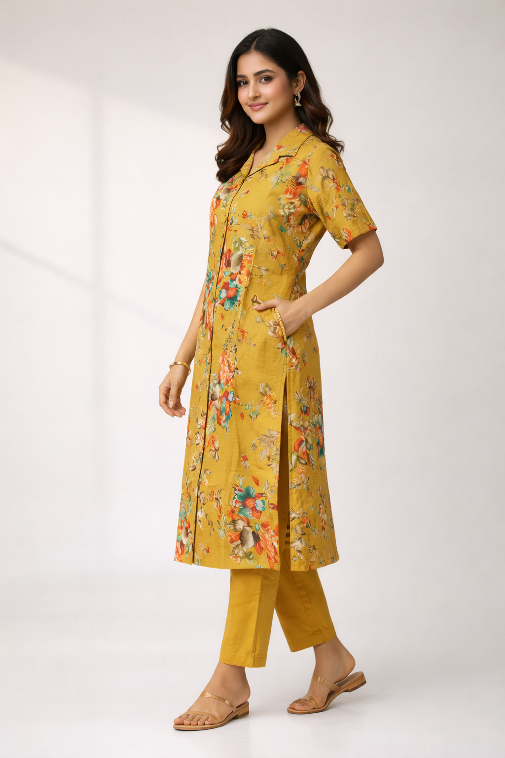 Mustard Floral Printed Co-Ord Set – Collar Neck Straight Pant Casual Wear Set