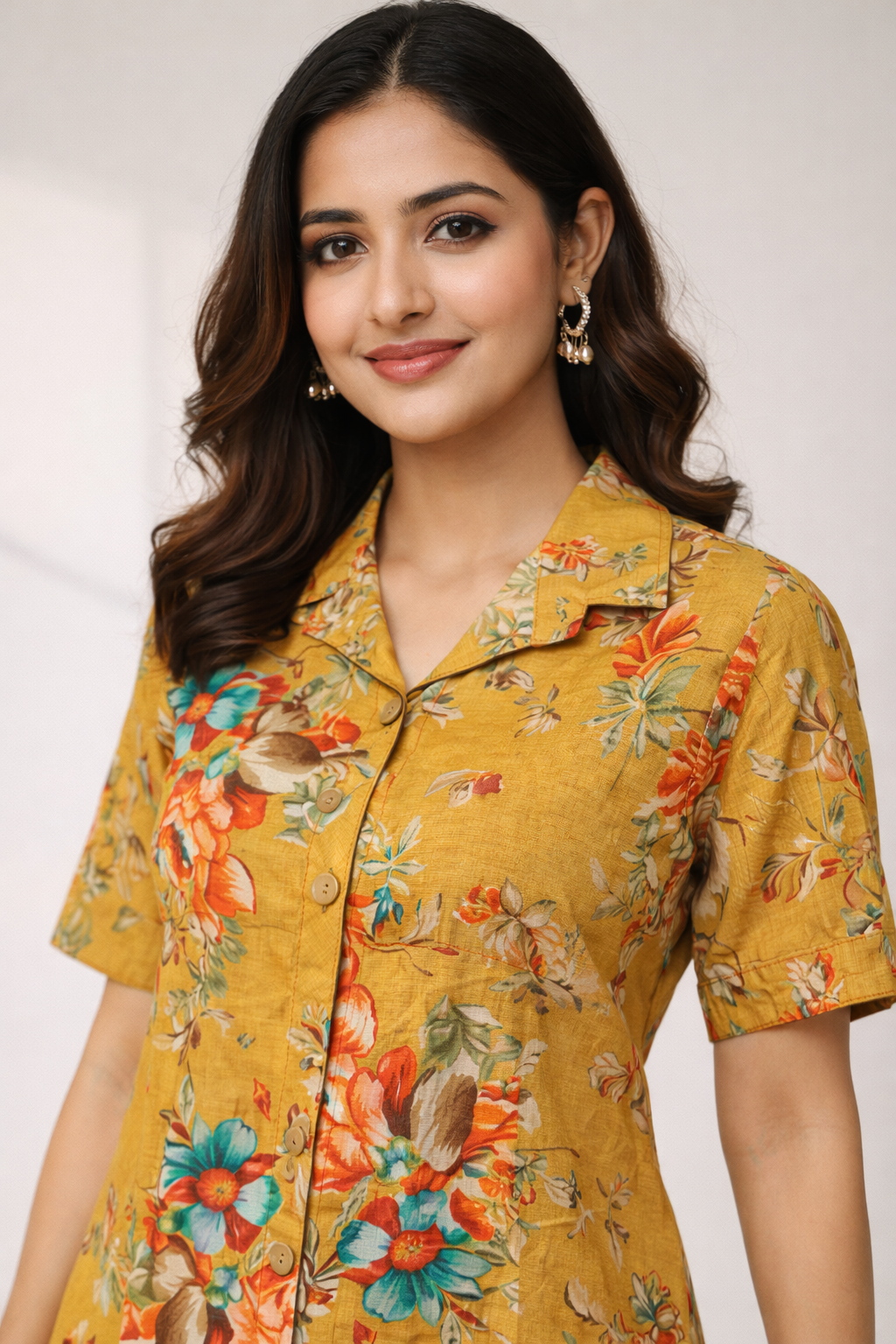 Mustard Floral Printed Co-Ord Set – Collar Neck Straight Pant Casual Wear Set