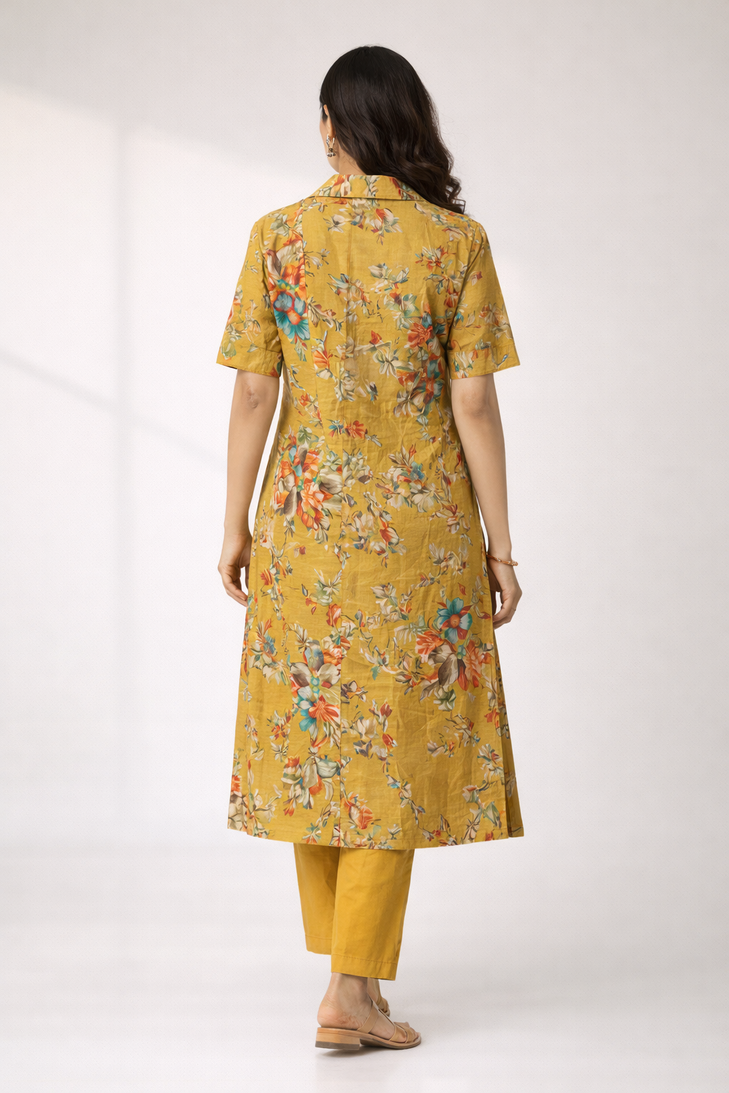 Mustard Floral Printed Co-Ord Set – Collar Neck Straight Pant Casual Wear Set