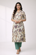 Multicolour Floral Printed Co-Ord Set – Collar Neck Straight Pant Casual Wear