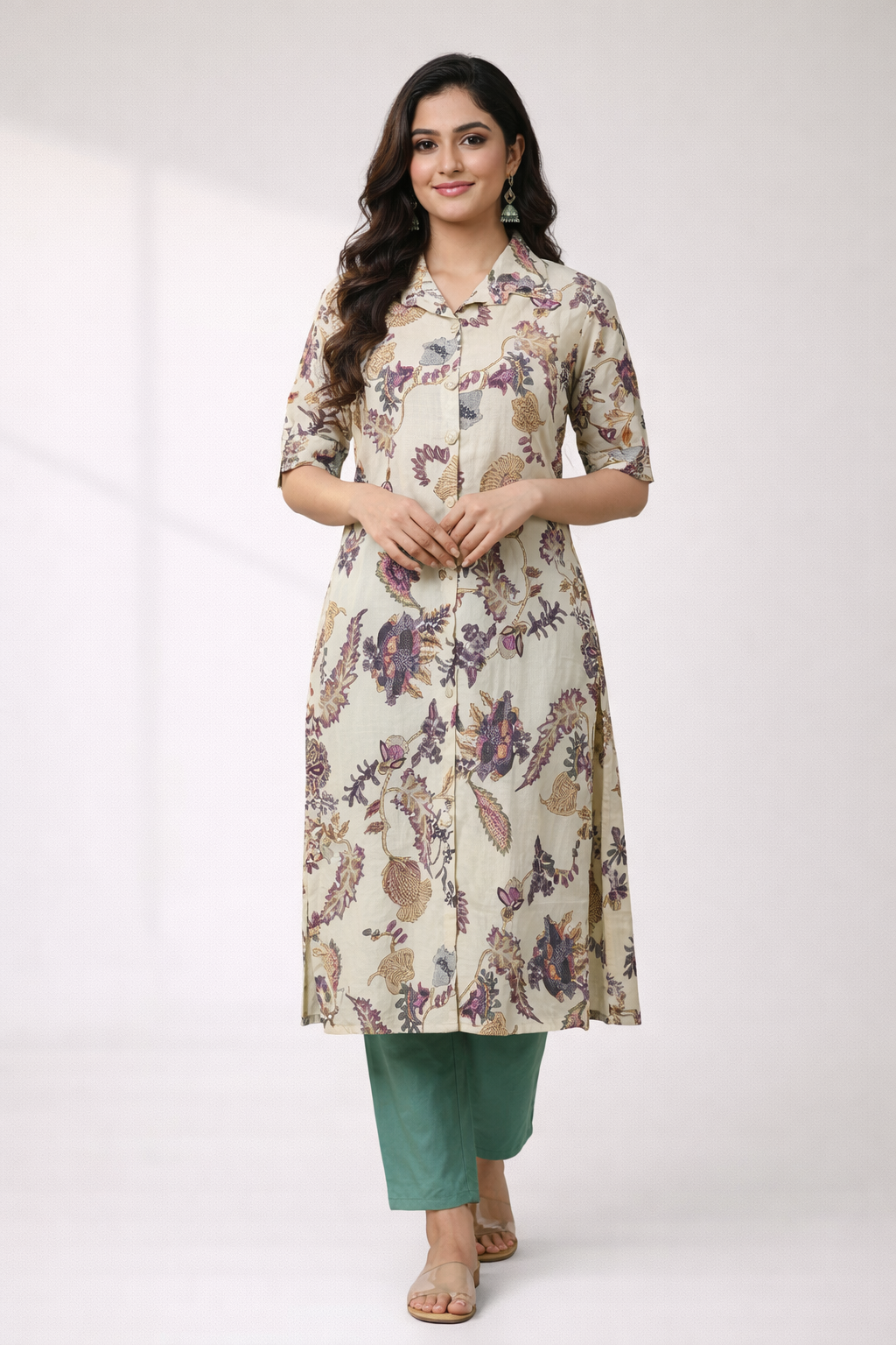 Multicolour Floral Printed Co-Ord Set – Collar Neck Straight Pant Casual Wear