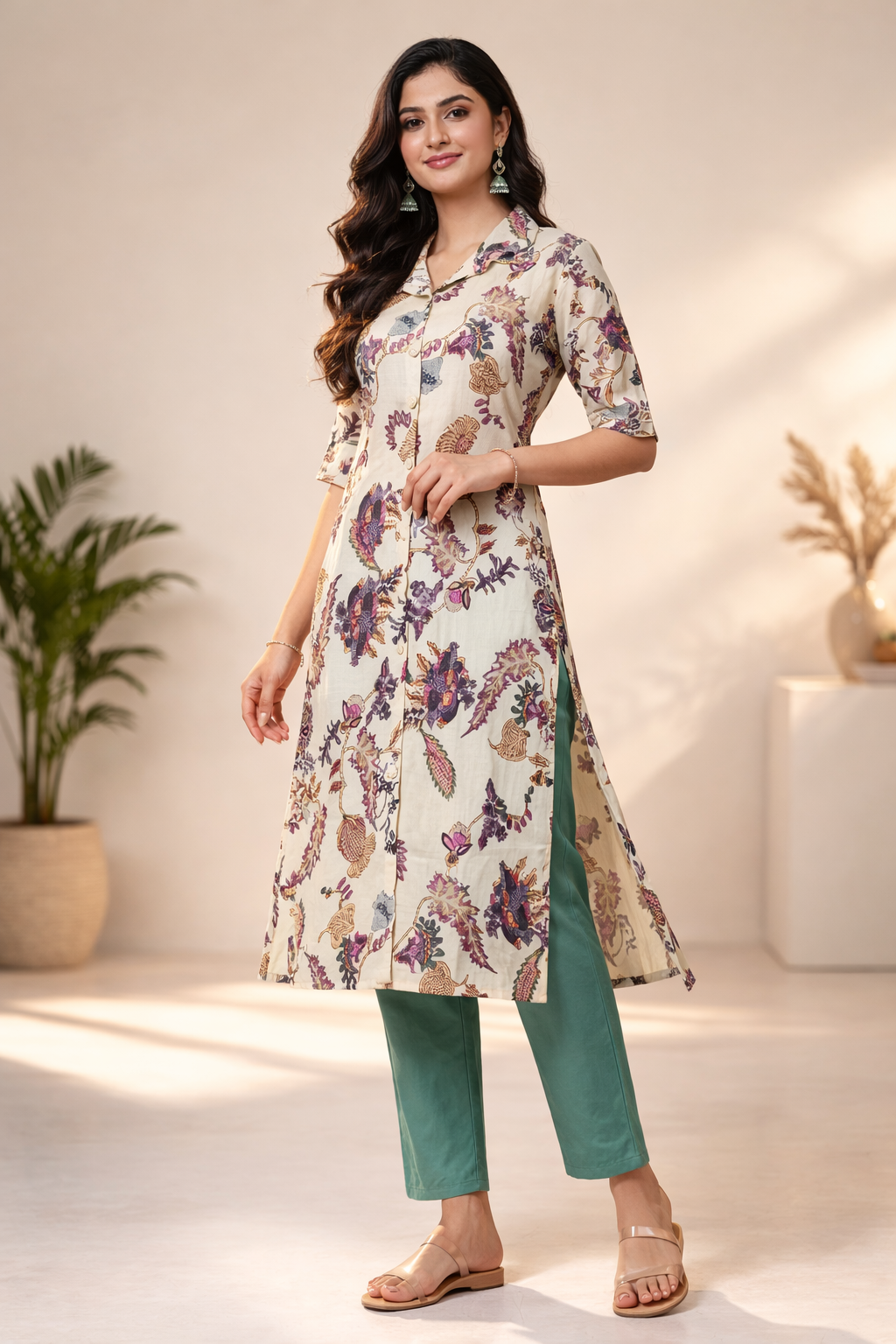 Multicolour Floral Printed Co-Ord Set – Collar Neck Straight Pant Casual Wear