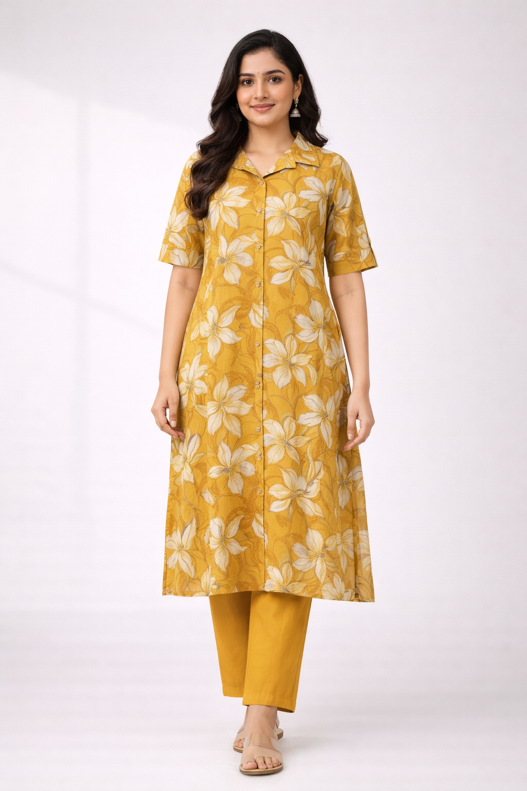 Mustard Floral Printed Co-Ord Set – Collar Neck Straight Pant Casual Wear
