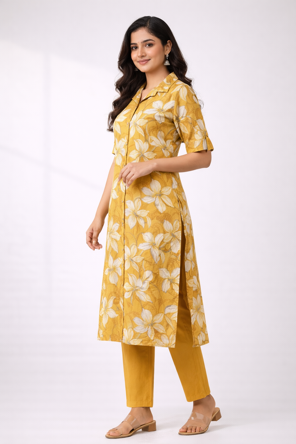Mustard Floral Printed Co-Ord Set – Collar Neck Straight Pant Casual Wear