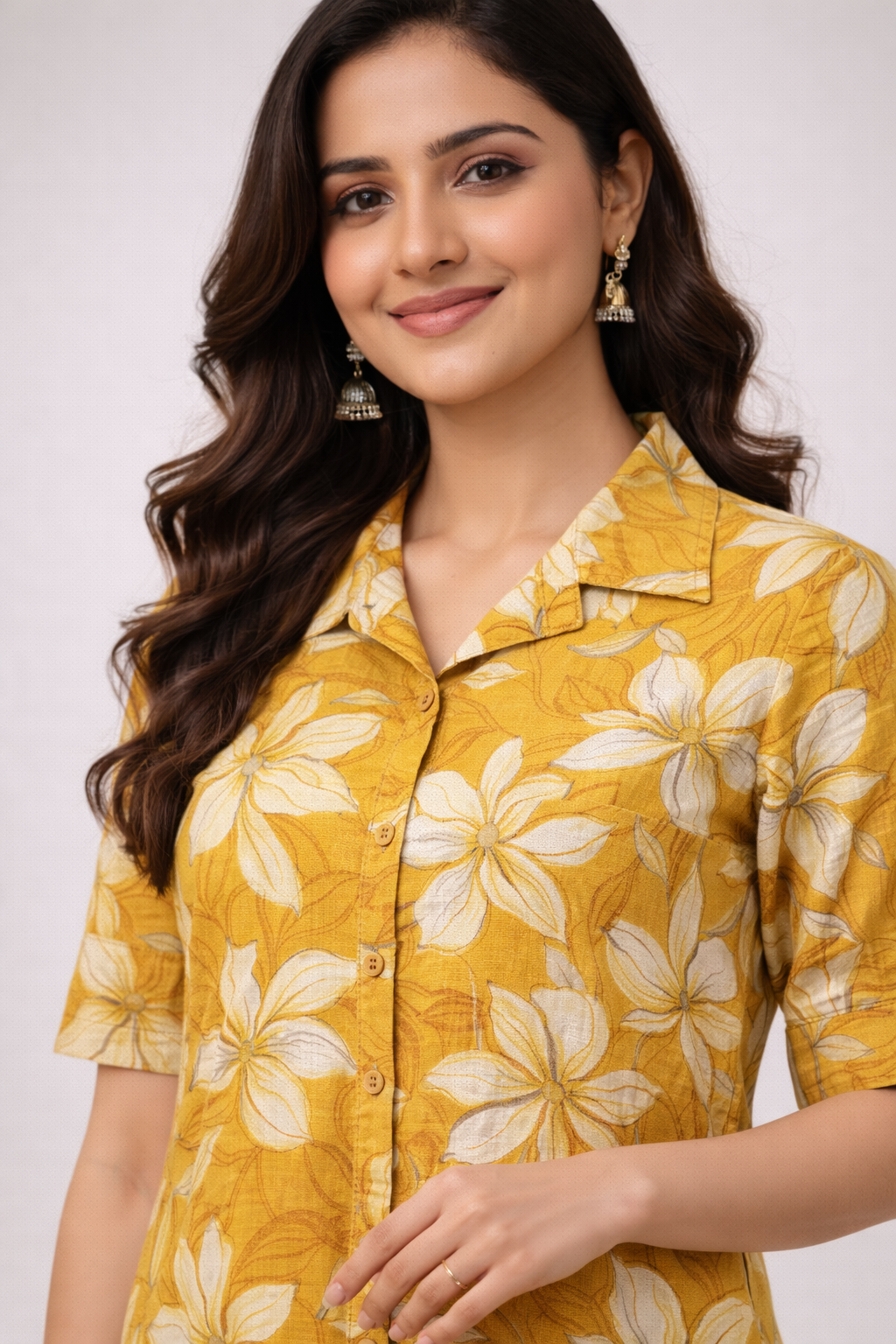 Mustard Floral Printed Co-Ord Set – Collar Neck Straight Pant Casual Wear
