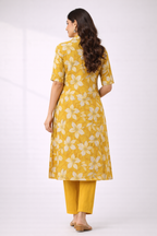 Mustard Floral Printed Co-Ord Set – Collar Neck Straight Pant Casual Wear