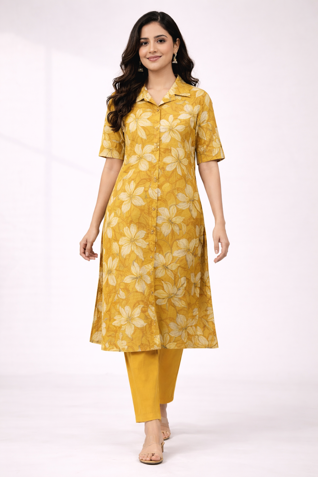 Mustard Floral Printed Co-Ord Set – Collar Neck Straight Pant Casual Wear