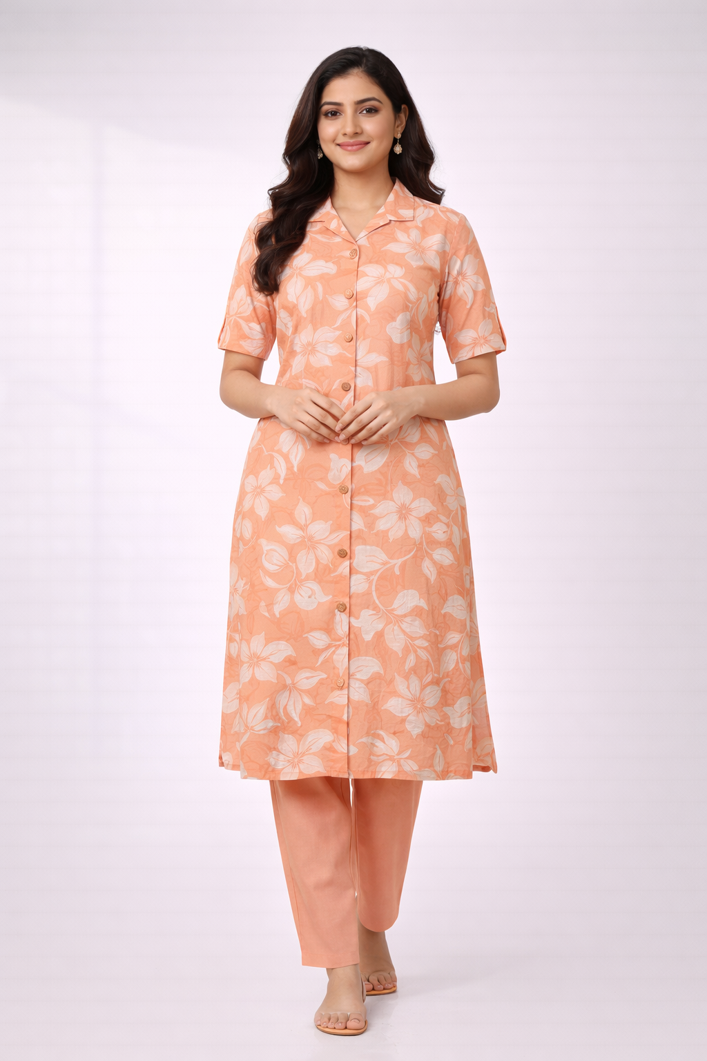 Peach Floral Printed Co-Ord Set – Collar Neck Straight Pant Casual Wear