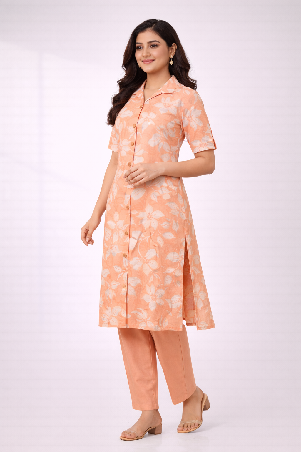 Peach Floral Printed Co-Ord Set – Collar Neck Straight Pant Casual Wear