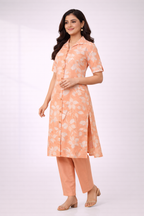 Peach Floral Printed Co-Ord Set – Collar Neck Straight Pant Casual Wear