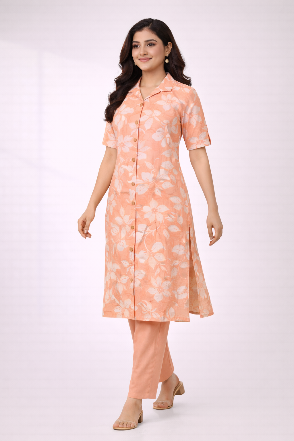 Peach Floral Printed Co-Ord Set – Collar Neck Straight Pant Casual Wear