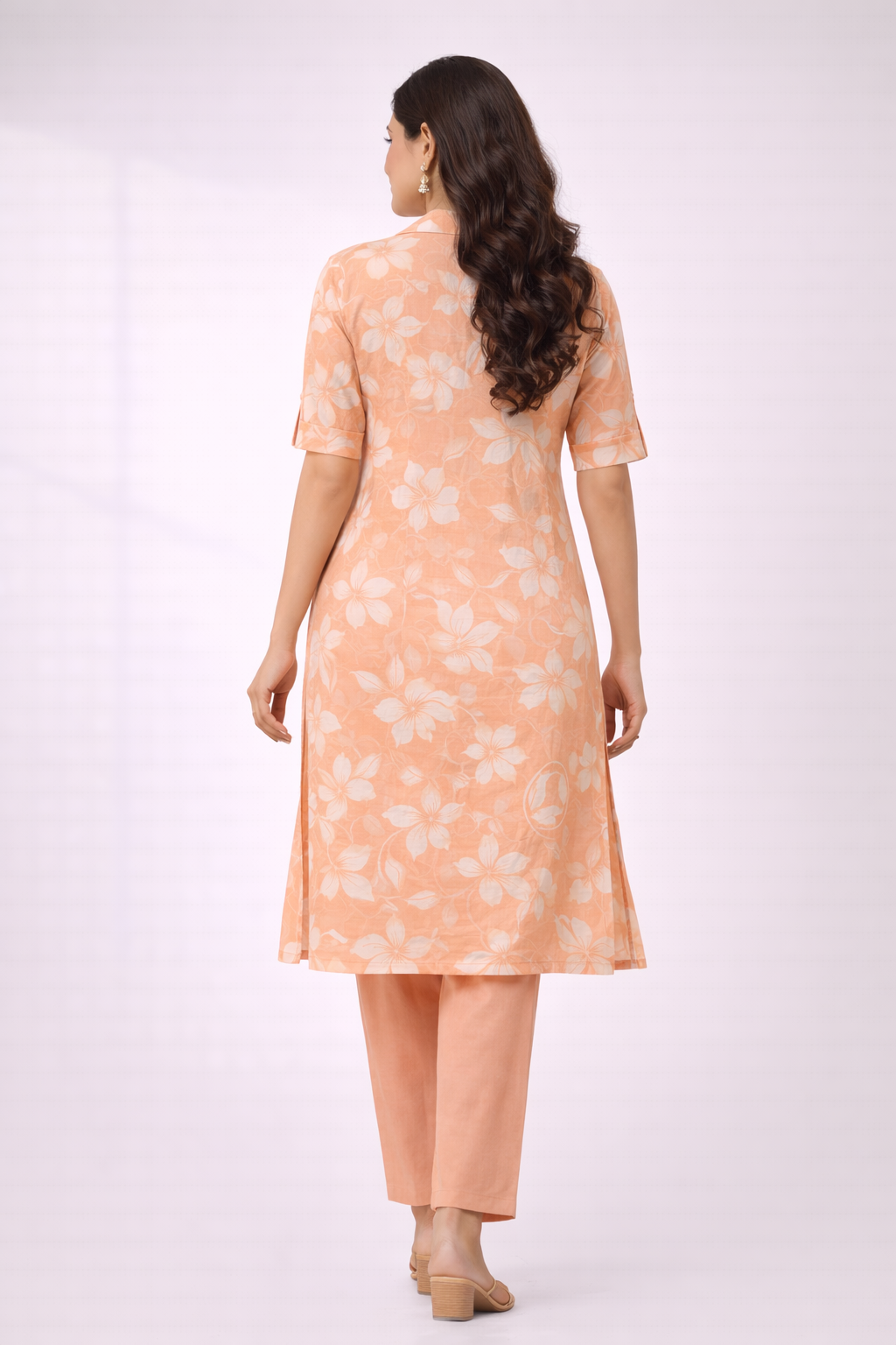 Peach Floral Printed Co-Ord Set – Collar Neck Straight Pant Casual Wear