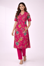 Pink Floral Printed Co-Ord Set – Collar Neck Straight Pant Casual Wear
