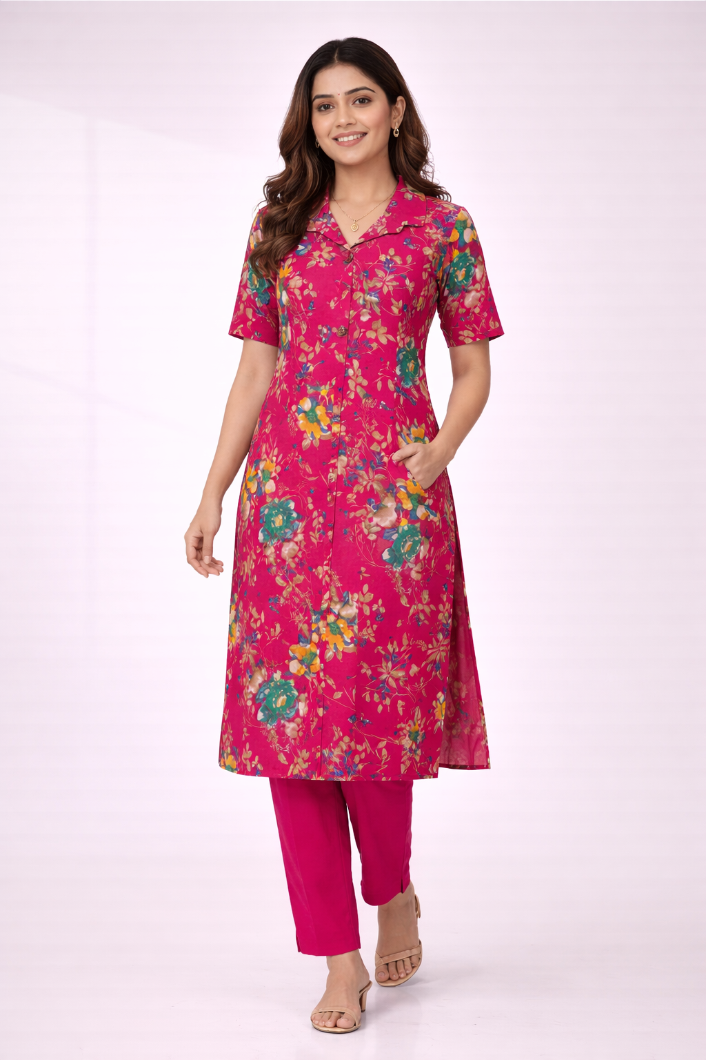 Pink Floral Printed Co-Ord Set – Collar Neck Straight Pant Casual Wear