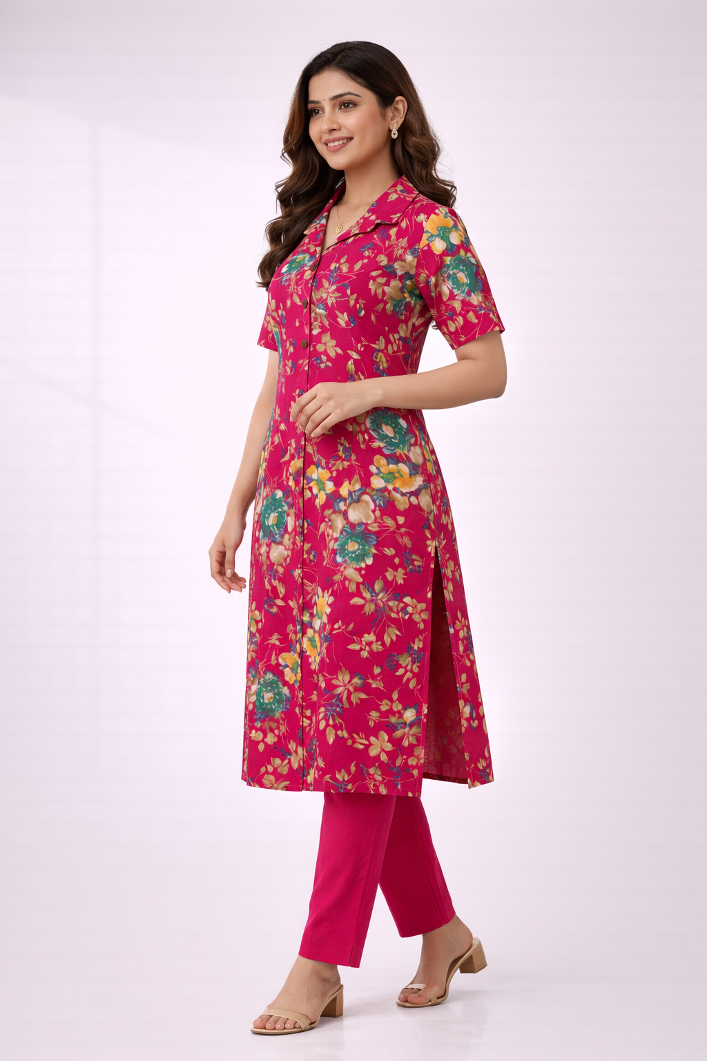 Pink Floral Printed Co-Ord Set – Collar Neck Straight Pant Casual Wear