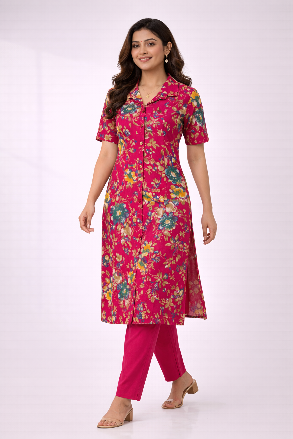 Pink Floral Printed Co-Ord Set – Collar Neck Straight Pant Casual Wear