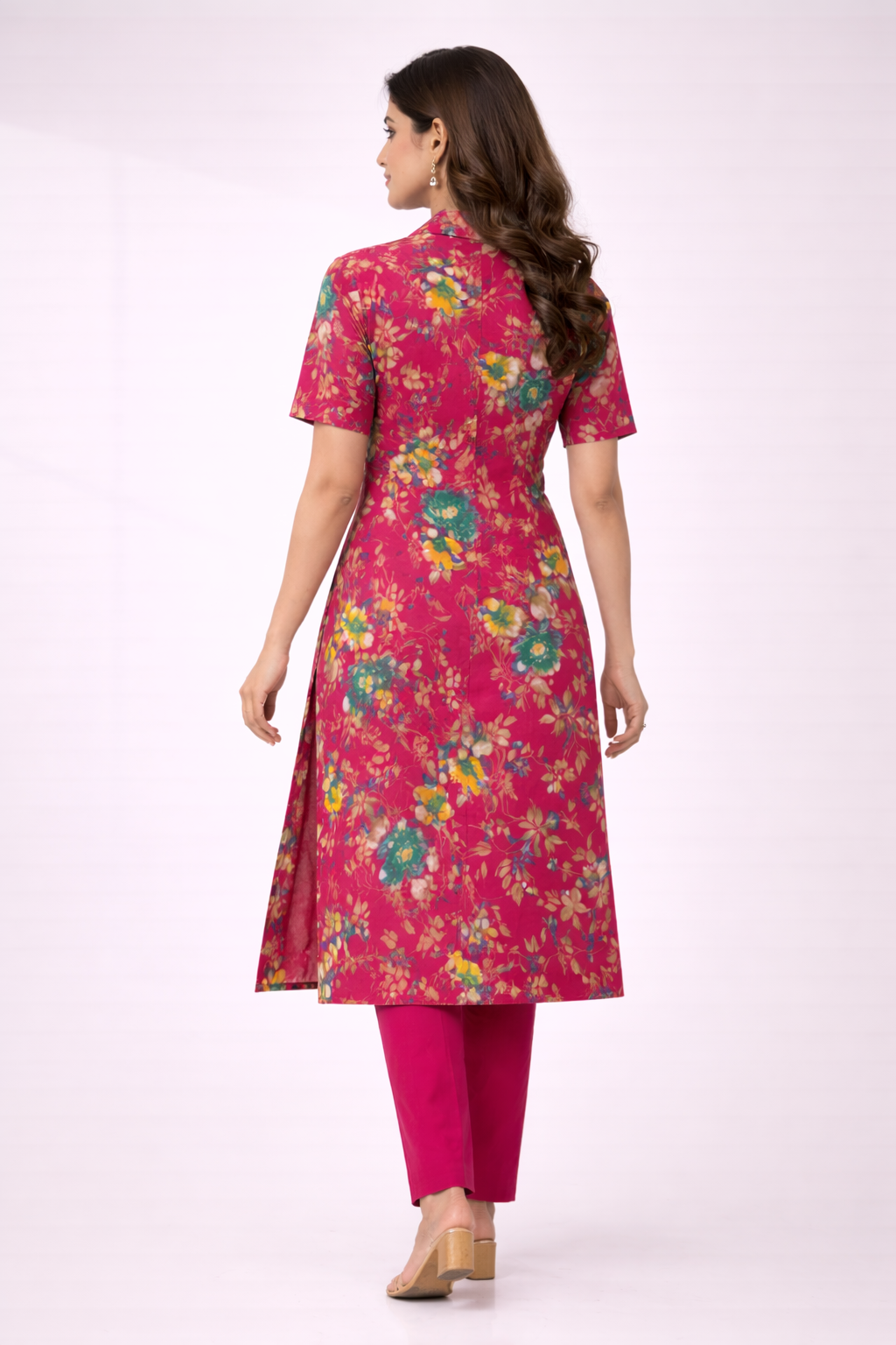 Pink Floral Printed Co-Ord Set – Collar Neck Straight Pant Casual Wear
