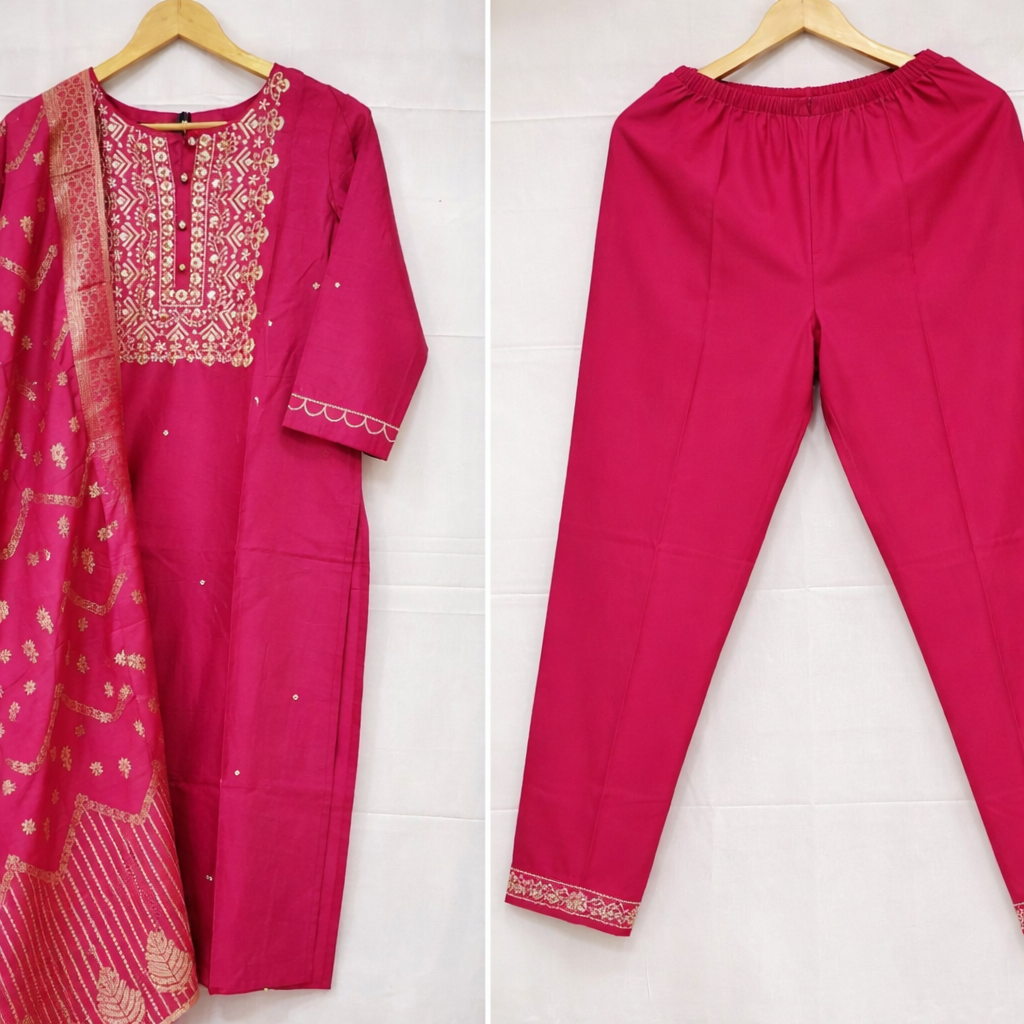 Marron Embroidered Kurta Pant Set with Printed Dupatta – Women’s Ethnic Wear