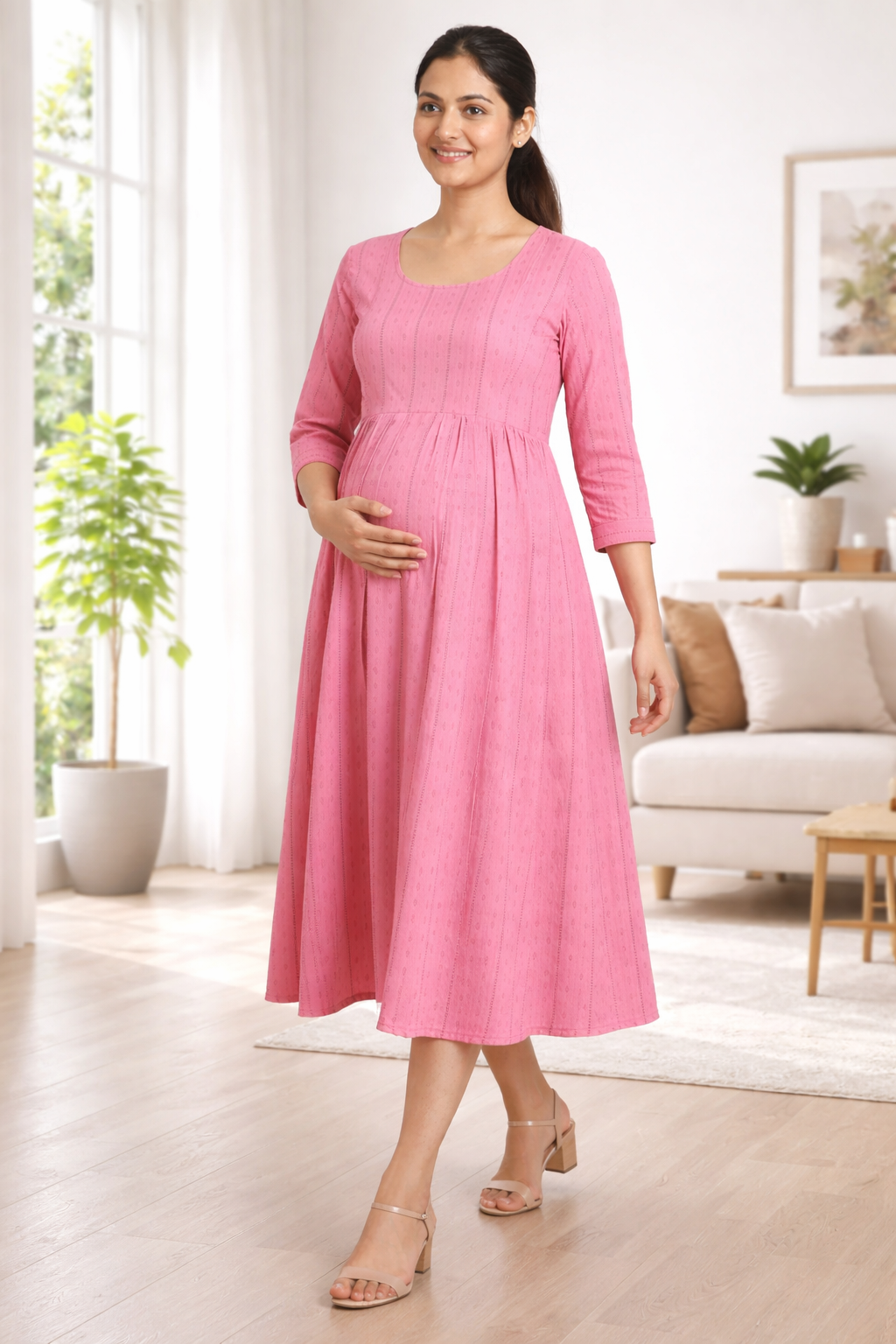Pink Cotton Maternity Dress – Comfortable Pregnancy Kurti for Daily Wear
