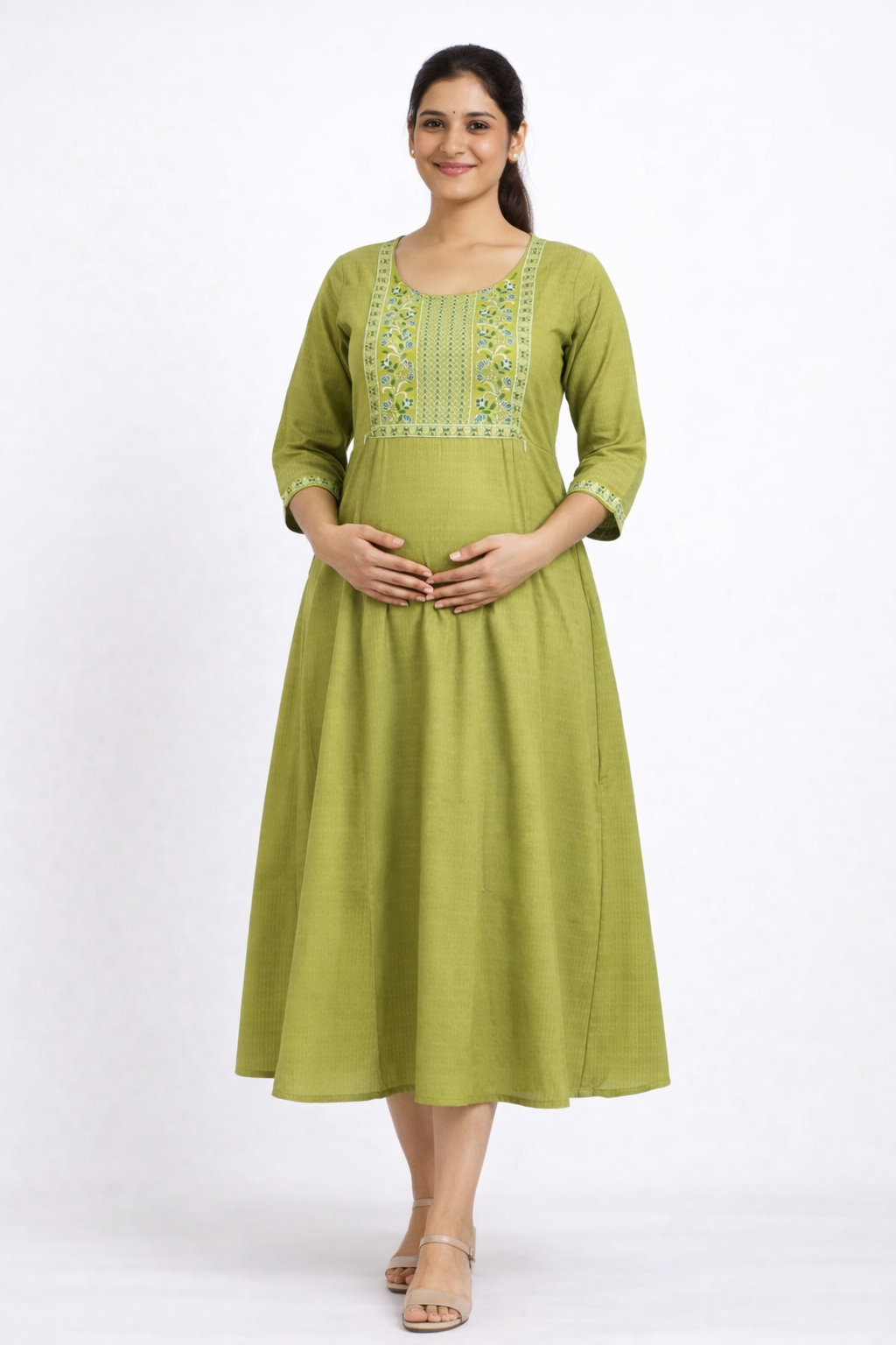 Olive Green Cotton Blend Maternity Kurti with Double Side Invisible Zip