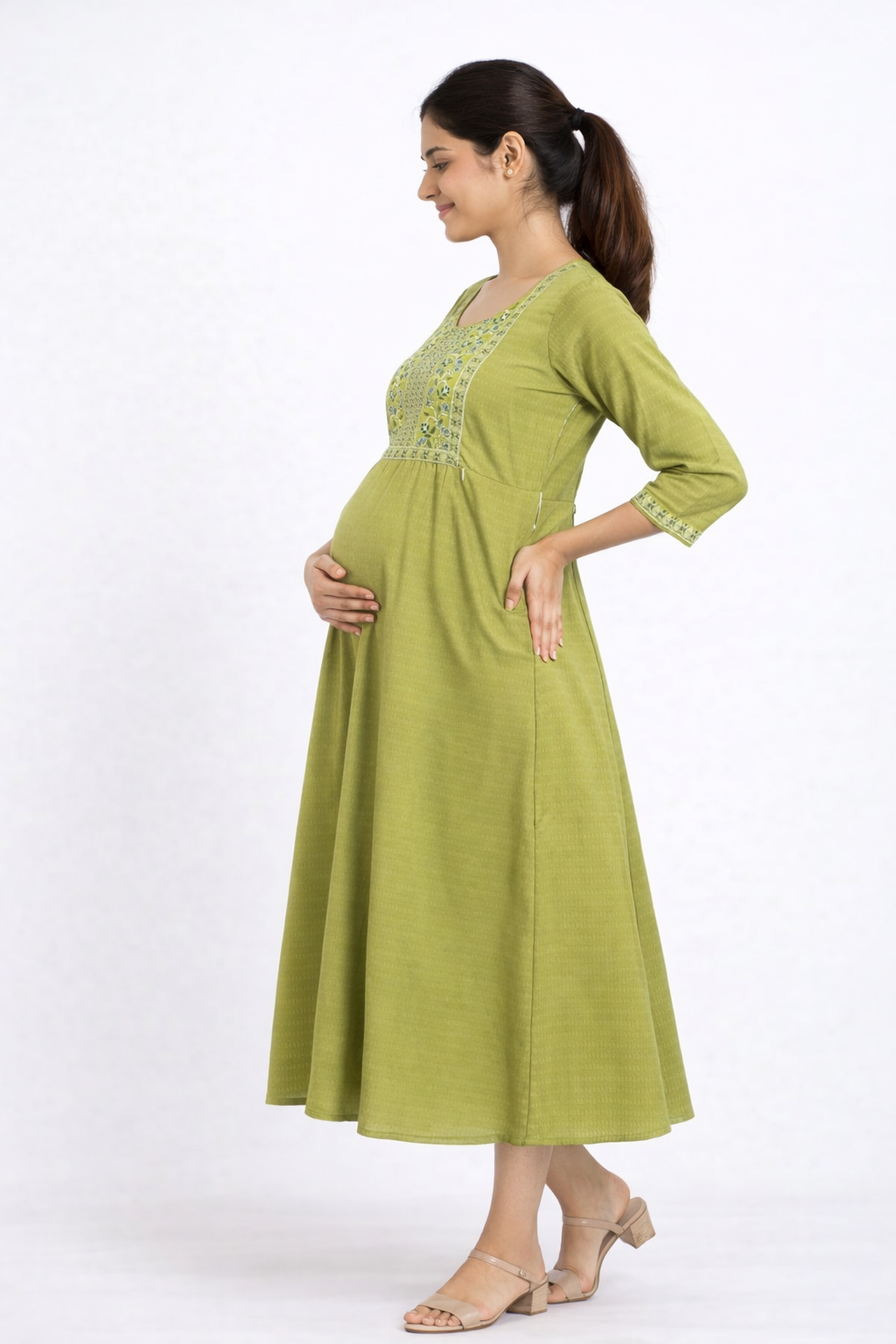 Olive Green Cotton Blend Maternity Kurti with Double Side Invisible Zip