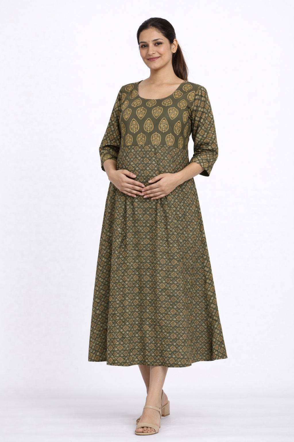 Olive Printed Maternity Kurti with Feeding Zip – Cotton Blend Pregnancy Wear