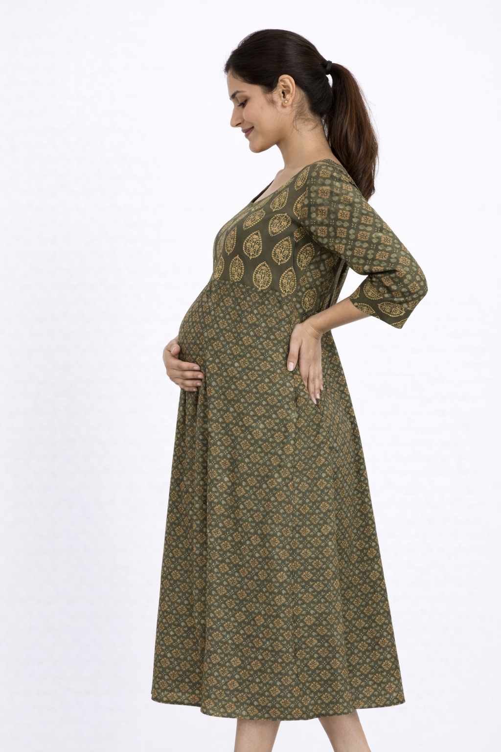 Olive Printed Maternity Kurti with Feeding Zip – Cotton Blend Pregnancy Wear