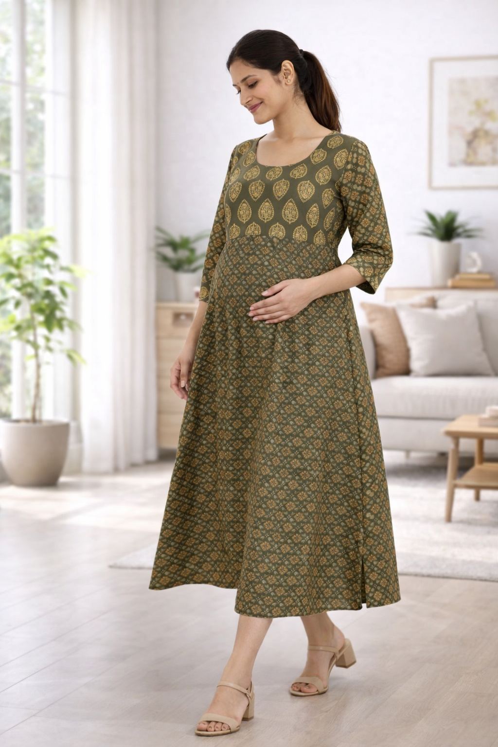 Olive Printed Maternity Kurti with Feeding Zip – Cotton Blend Pregnancy Wear