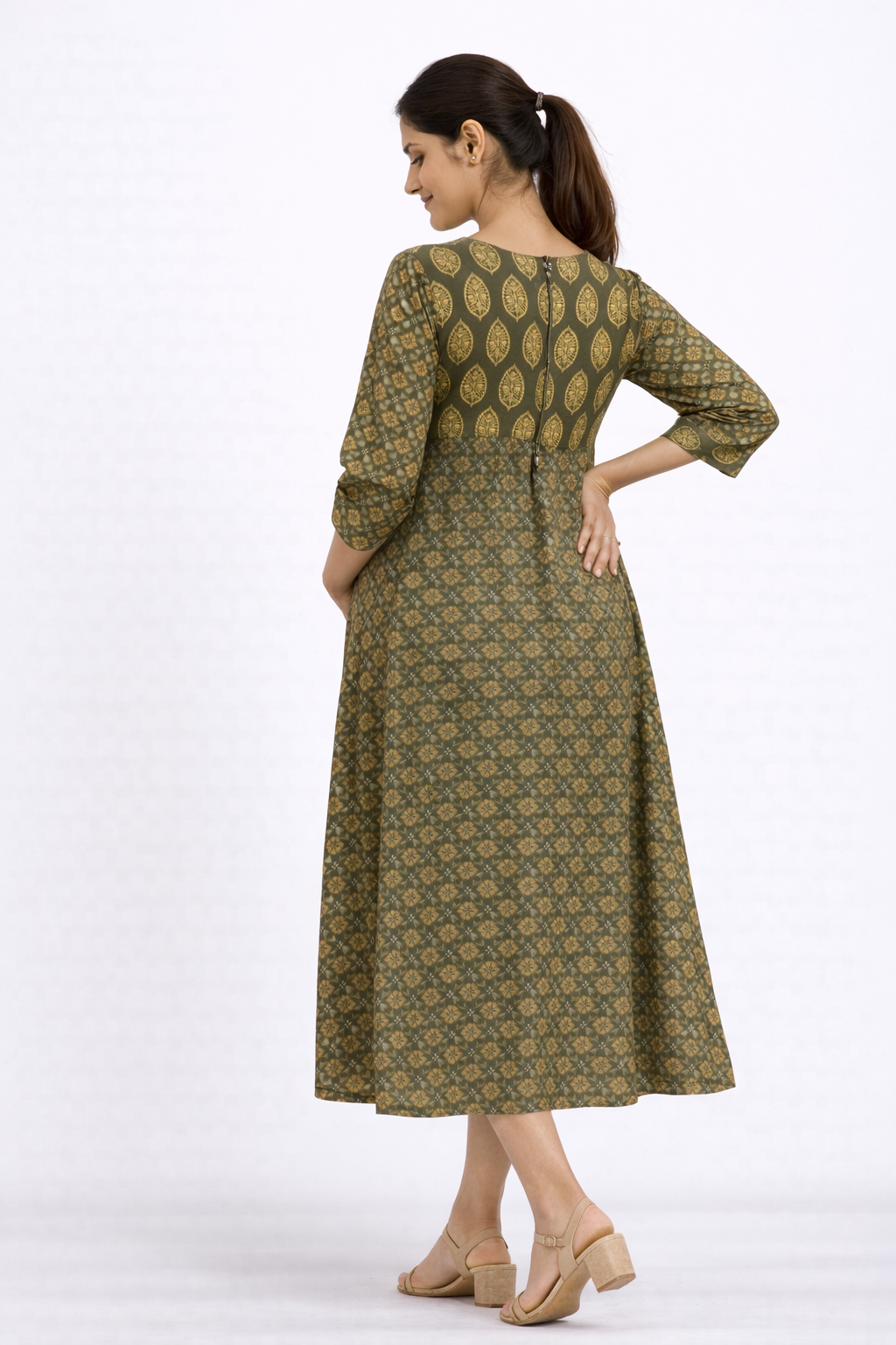 Olive Printed Maternity Kurti with Feeding Zip – Cotton Blend Pregnancy Wear