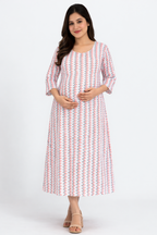 White Zig-Zag Printed Cotton Blend Maternity Kurti with Double Side Feeding Zip