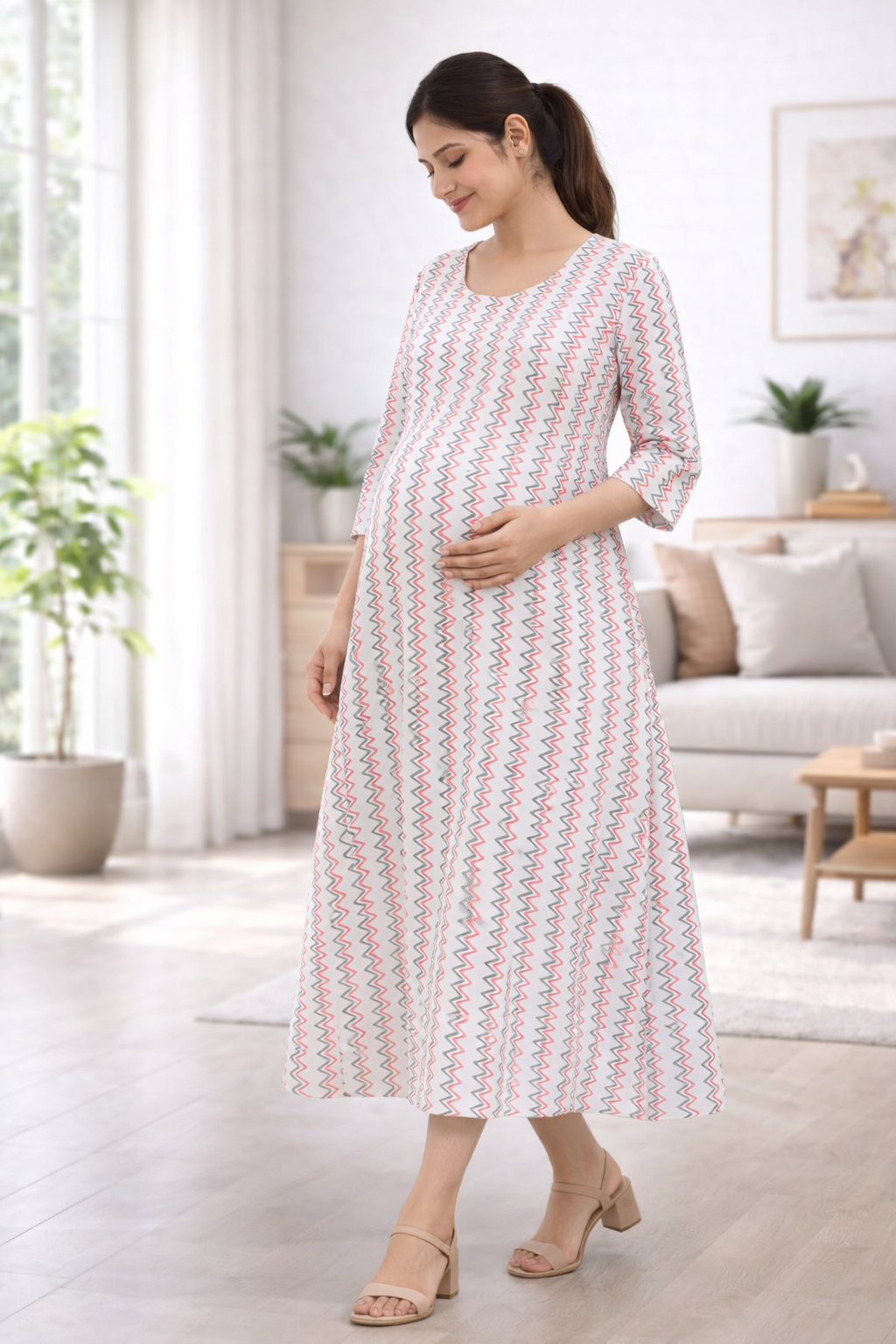 White Zig-Zag Printed Cotton Blend Maternity Kurti with Double Side Feeding Zip