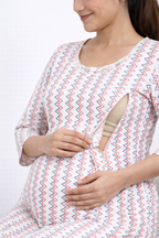 White Zig-Zag Printed Cotton Blend Maternity Kurti with Double Side Feeding Zip