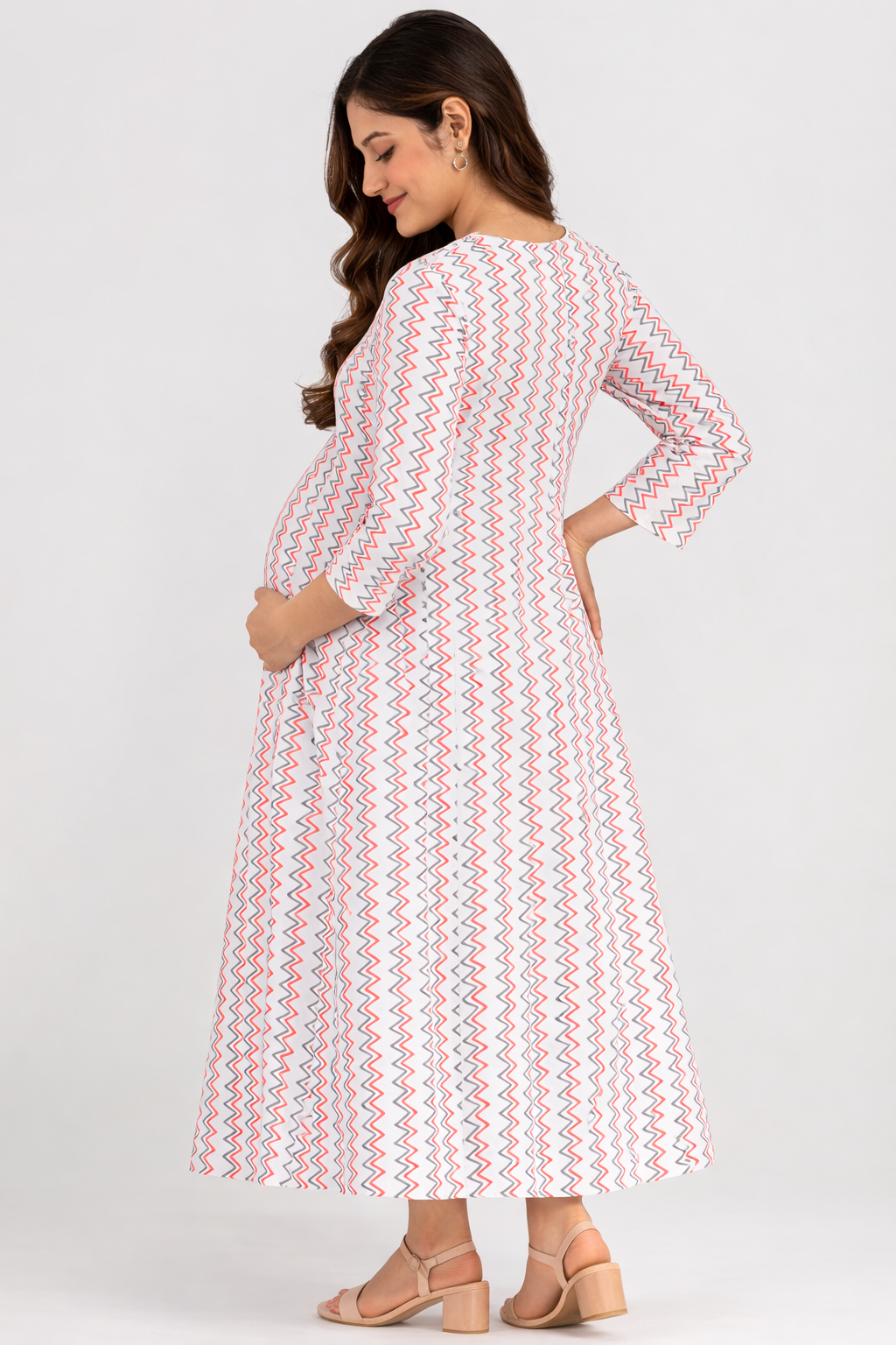 White Zig-Zag Printed Cotton Blend Maternity Kurti with Double Side Feeding Zip